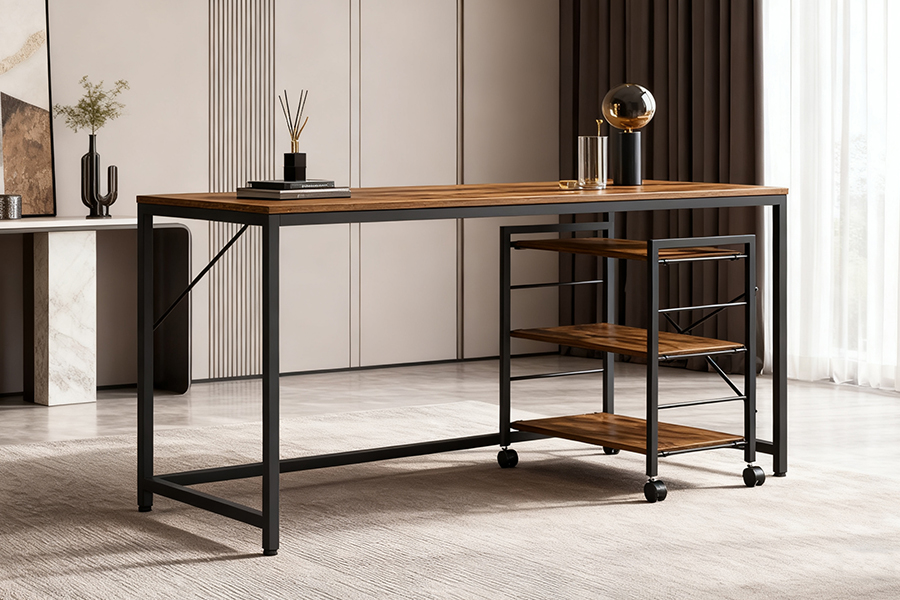 The collision of industrial style and natural wood feel.